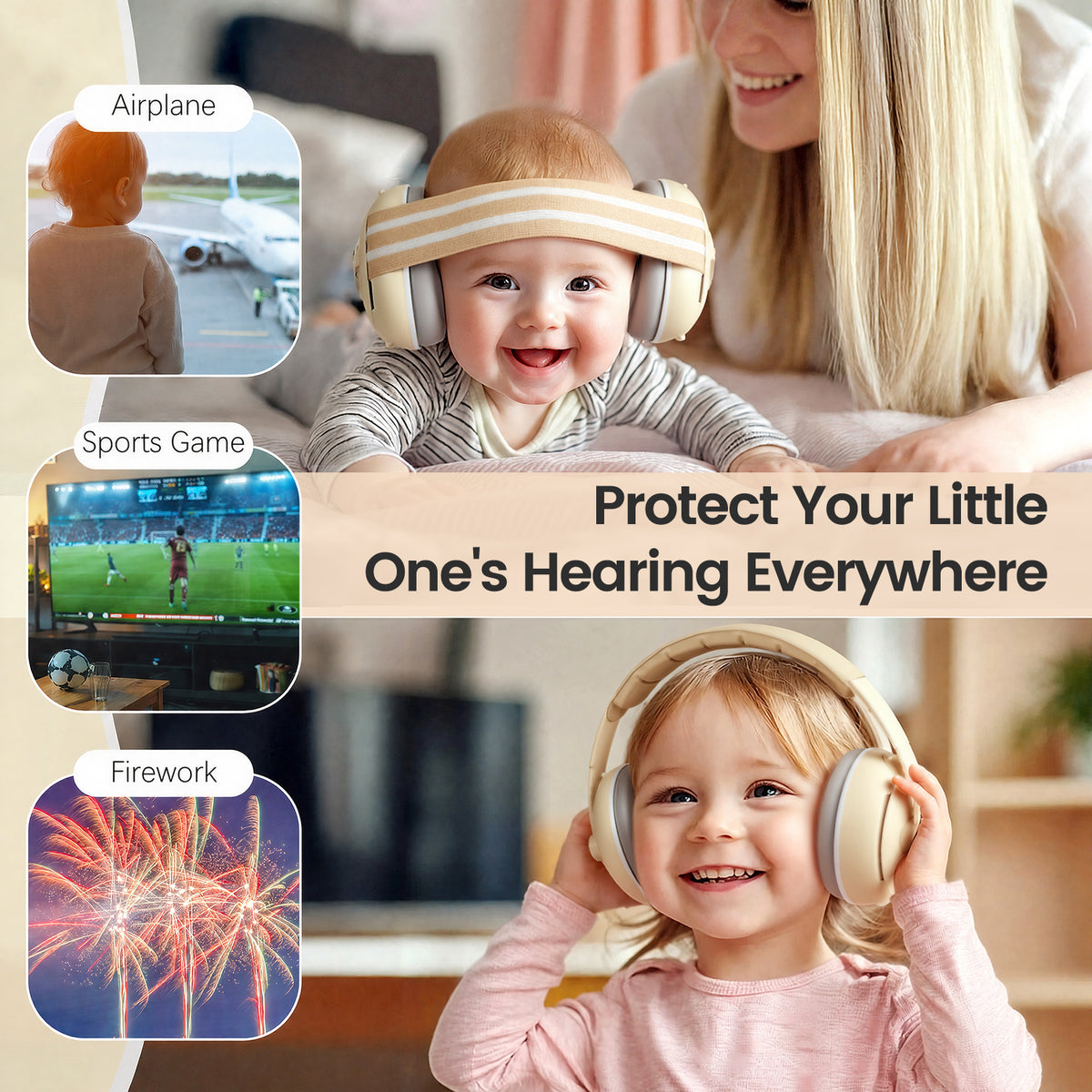 2-in-1 Baby Ear Muffs Noise Protection, Toddler Noise Canceling Headphones for Baby 0-36 Months, Infant Ear Protection for Sleep & Plane travel essentials, Adjustable Headband - Cream White