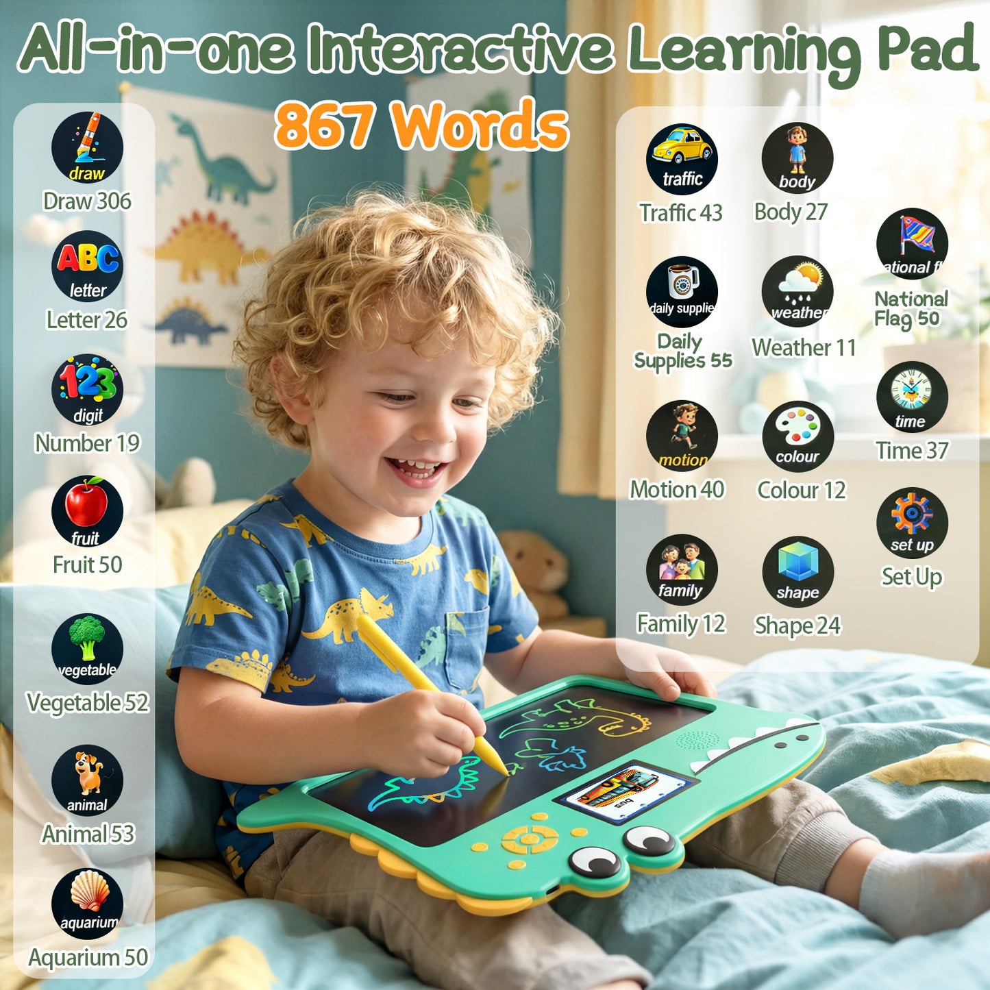Dinosaur LCD Writing Tablet for Kids, 10.5 Inch Doodle Board , 2.8 HD Screen, 867 Words, Electronic Drawing Pad with Voice, Educational Learning Toys Birthday Gifts for Boys Girls Age 3-8
