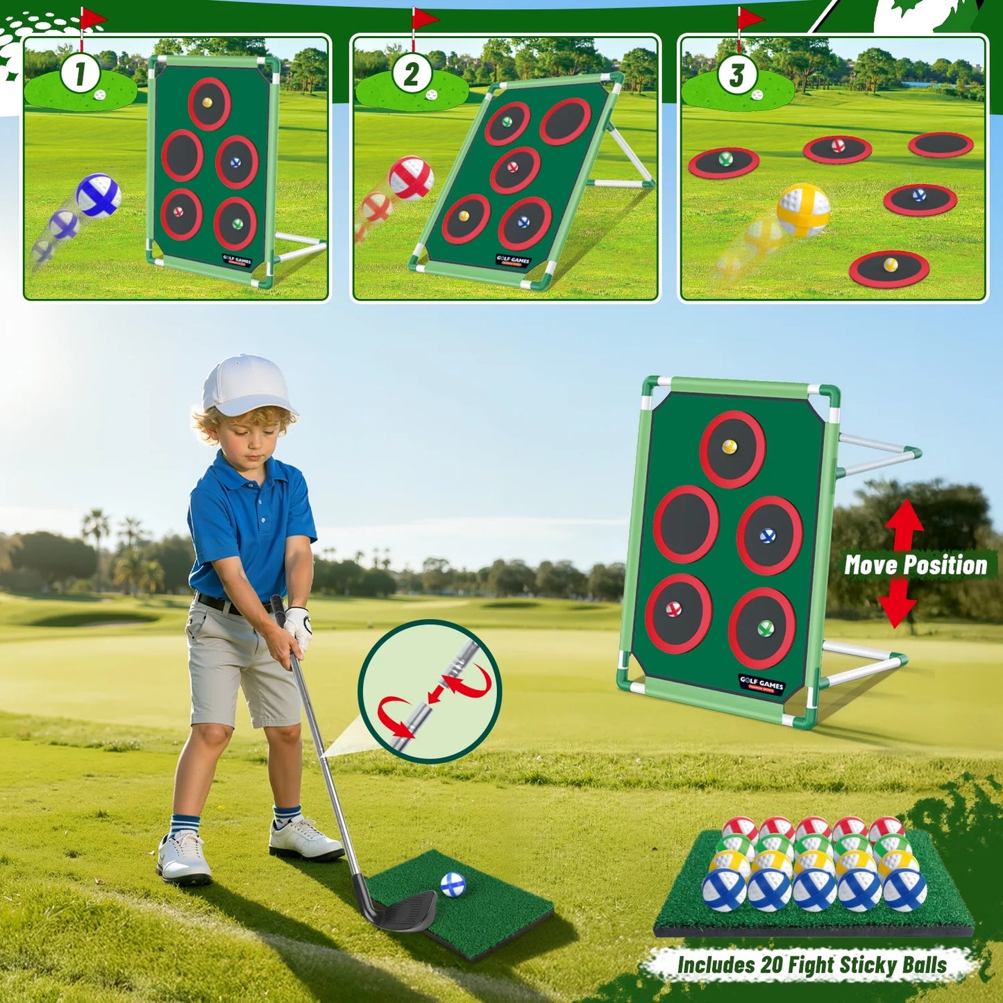 Golf Chipping Game Set, Kids Golf Game, Backyard Chipping Set with 20 Sticky Balls, Adjustable Height, Outdoor&Indoor Sports Game for Family, Birthday Gift for 3-12 Years Old Boys Girls