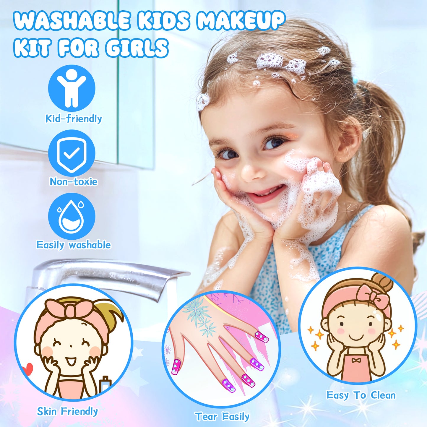 Kids Makeup Kit for Girl Gifts, Frozen Toys for Girls 3-6 years, 46PCS in 1 Makeup Toys Washable Little Girls Princess Make Up Toys for 4 5 6 7 8 9 Year Old Girl Birthday Gift (Blue)
