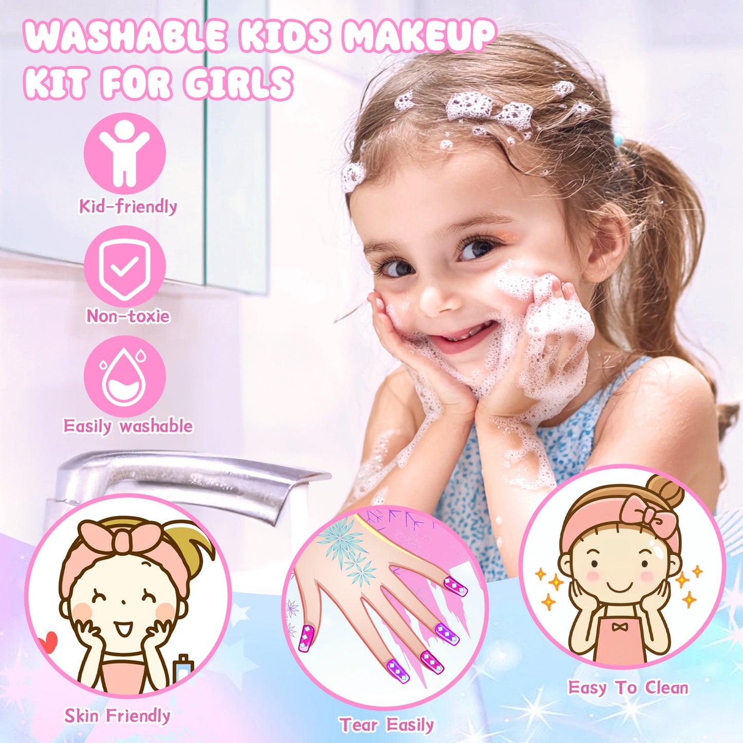 Girls Makeup Toys Kit, 46 PCS Pretend Play Makeup Toys for Kids with Real Cosmetic, Kids Makeup Set Girls Toys for 3-6 Year Christmas Birthday Gifts (Pink)