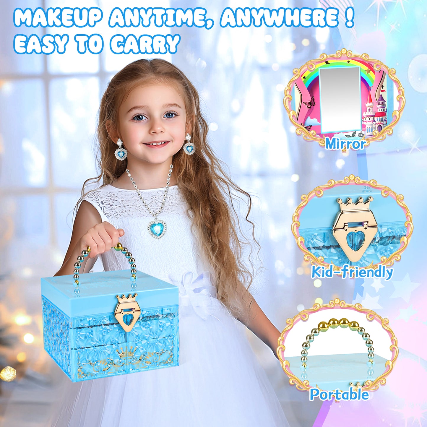 Kids Makeup Kit for Girl Gifts, Frozen Toys for Girls 3-6 years, 46PCS in 1 Makeup Toys Washable Little Girls Princess Make Up Toys for 4 5 6 7 8 9 Year Old Girl Birthday Gift (Blue)