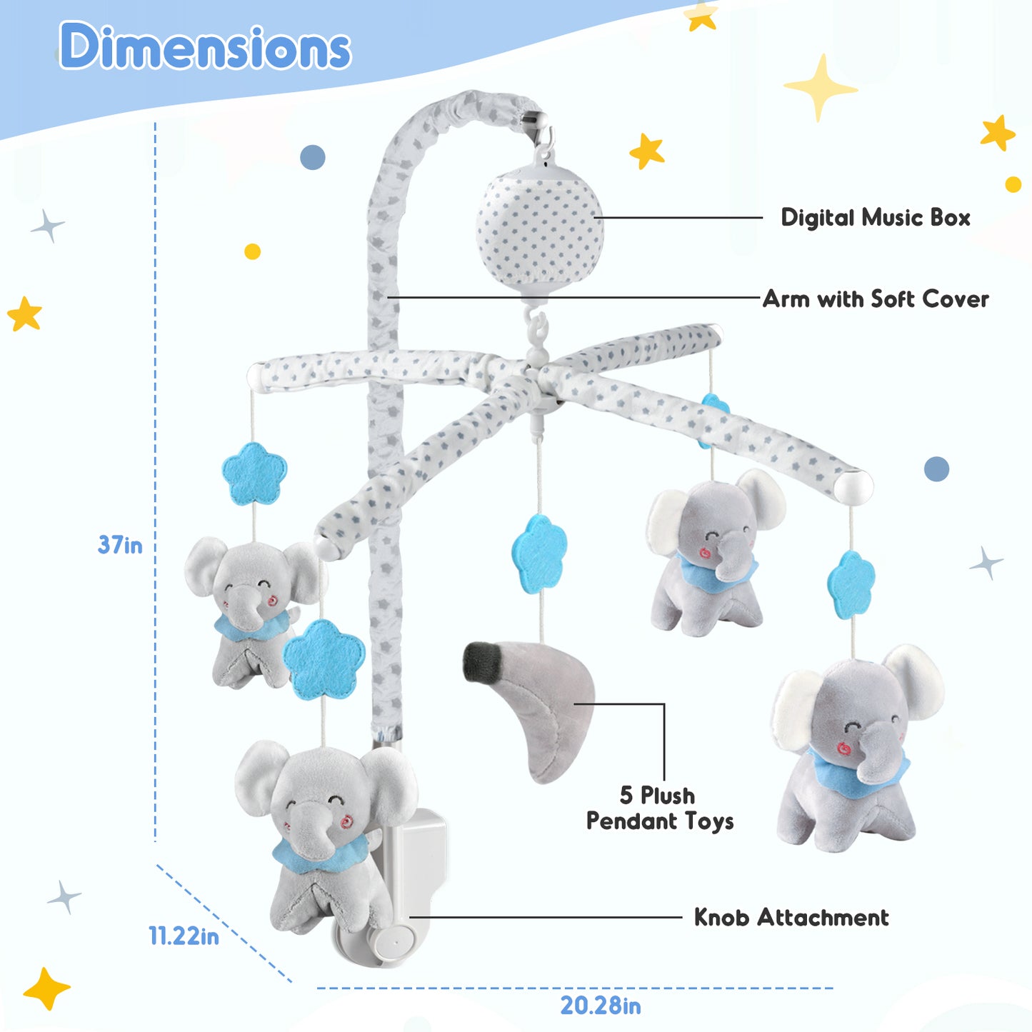 Crib Mobile with Music and Lights, Baby Mobile for Crib with Remote Control, Timing Function and Hanging Rotating Animals, Baby Crib Toys for Newborn Boys Girls 0-36 Months Gift