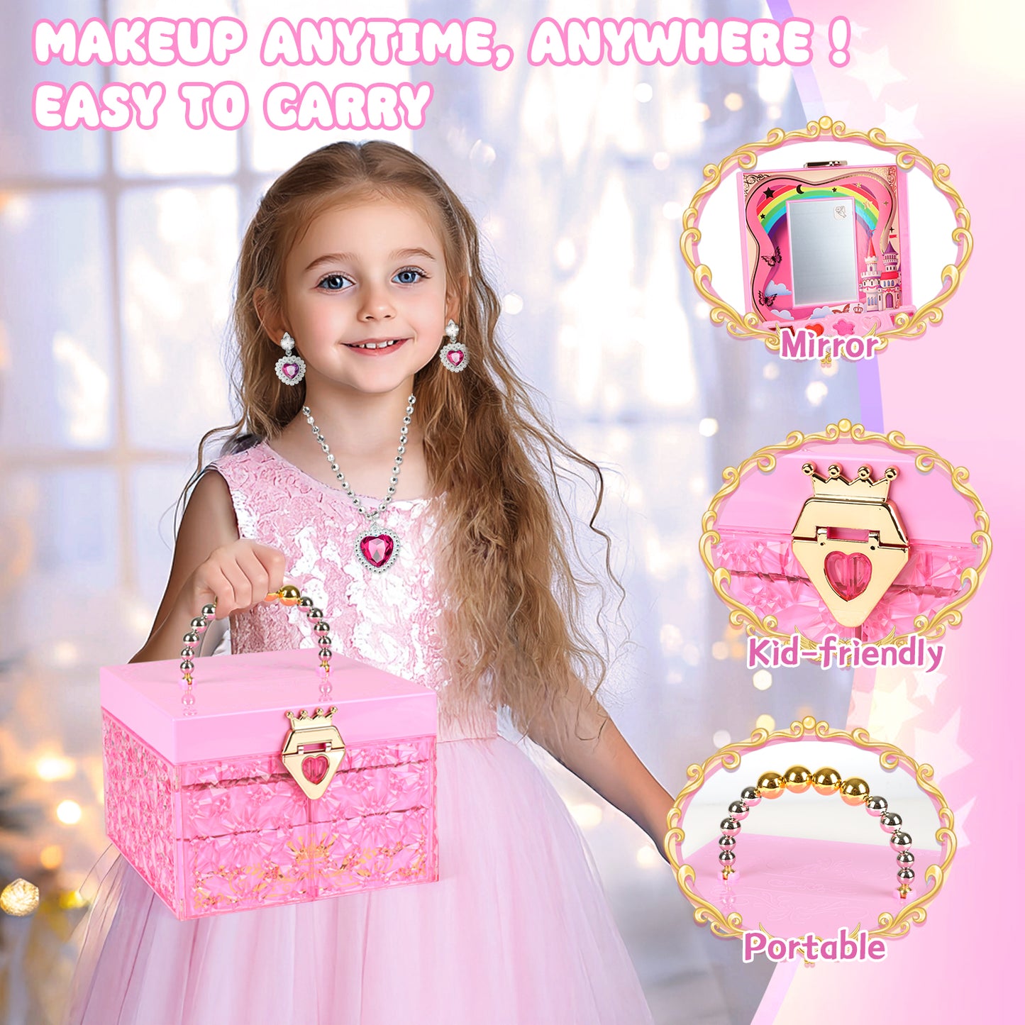 Girls Makeup Toys Kit, 46 PCS Pretend Play Makeup Toys for Kids with Real Cosmetic, Kids Makeup Set Girls Toys for 3-6 Year Christmas Birthday Gifts (Pink)