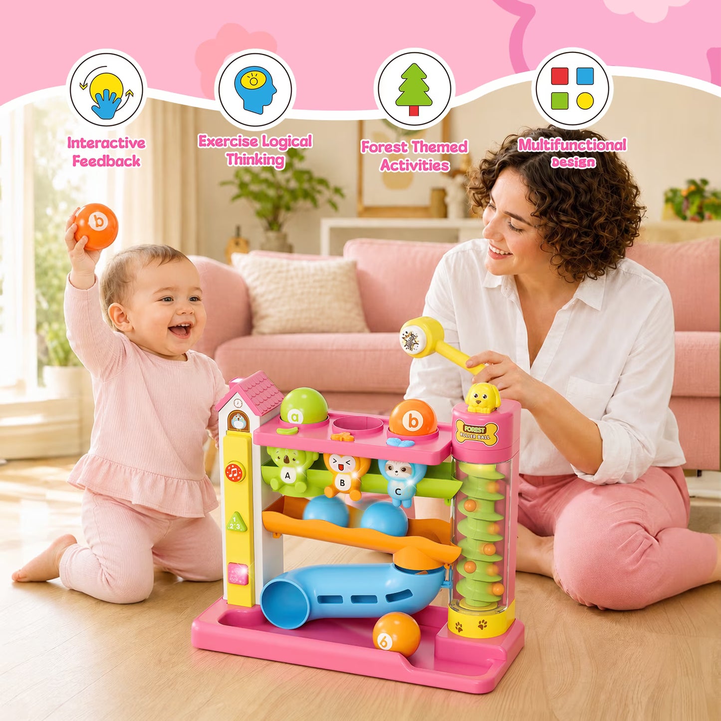 Ball Drop Toys for 1 Year Old, Hammer Ball Track Toy for Toddler 1 2 3, Drop Ball Baby Toy with Light Music, Montessori Learning Toys, Birthday Gifts for Girls Boys Age 6-12-18 Months Old