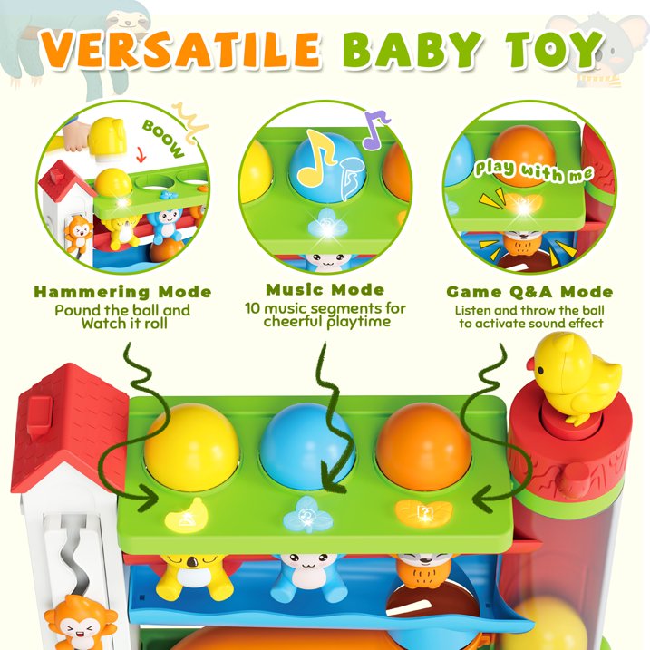 Ball Drop Toys for 1 Year Old, Hammer Drop Ball Tower for Toddler 1-3, Musical Baby Toy with Lights & Sounds, Interactive Montessori Toys, Birthday Gifts for Girls Boys Age 12-18 Months Old