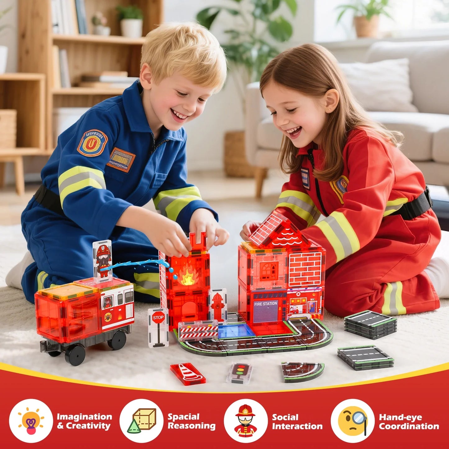 Magnetic Tiles for Kids Ages 4-8, 60Pcs Magnetic Building Blocks, Construction Firetruck Toys Magnetic Tiles Road Set, Educational STEM Toys Christmas Birthday Gifts for Boys Girls Toddlers 3-5