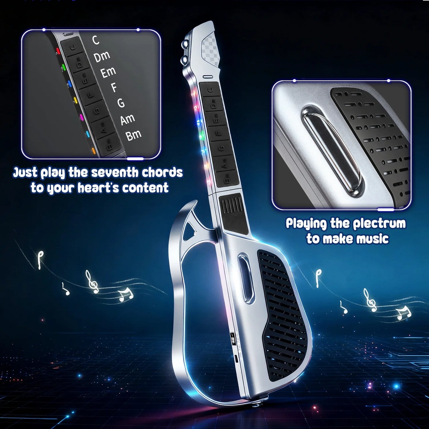 Kids Guitar Toy, Kids Electric Guitar Musical Instrument Toy, Stringless & Foldable & Three Tones Switch & Rechargeable Toddler Guitar for 3 4 5 6 Boys Girls Christmas Birthday Gifts, Black