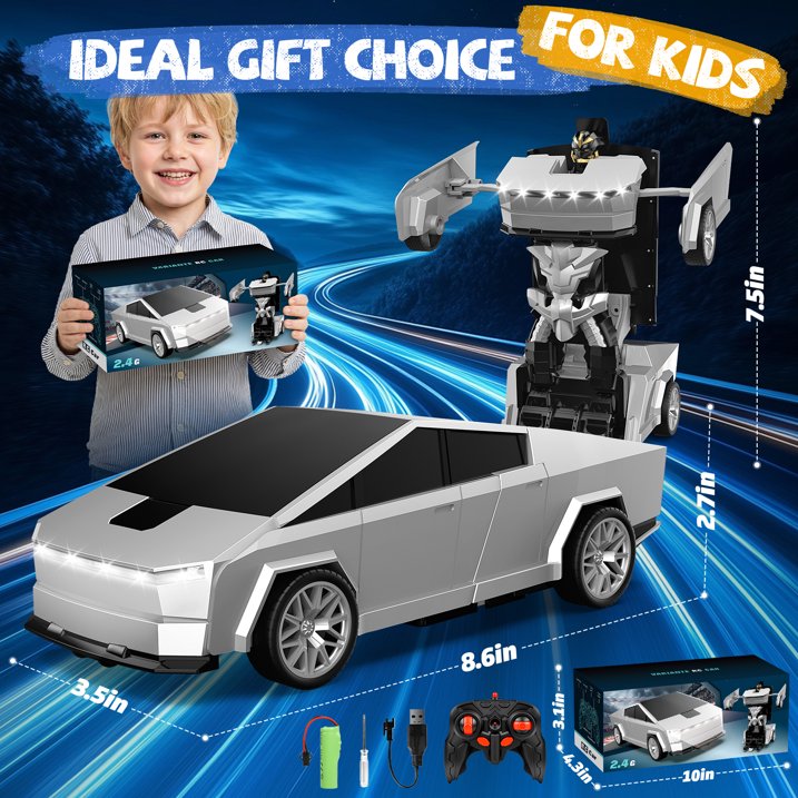 Transform Rc Cars for Boys 4-7, Cyber Truck Toy Car & Transforming Robot, 2.4Ghz 1:18 Scale Remote Control Car, One-Button Deformation 360°Rotation, Kids Car Toy Gifts for Boys 8-12
