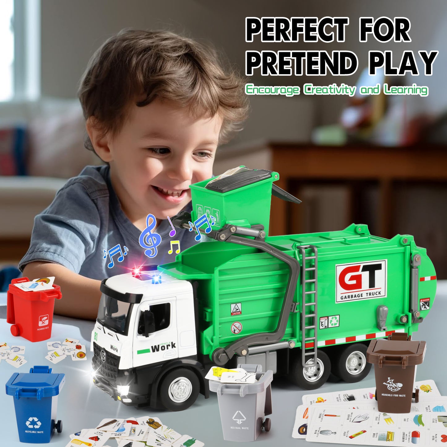 Garbage Truck Toys for Boys, Trash Truck Toys with Dumpster and Trash Bins, Play Vehicle Toys for Kids, Birthday Christmas Gift for Boys 2 3 4 5 6 7 Years Old