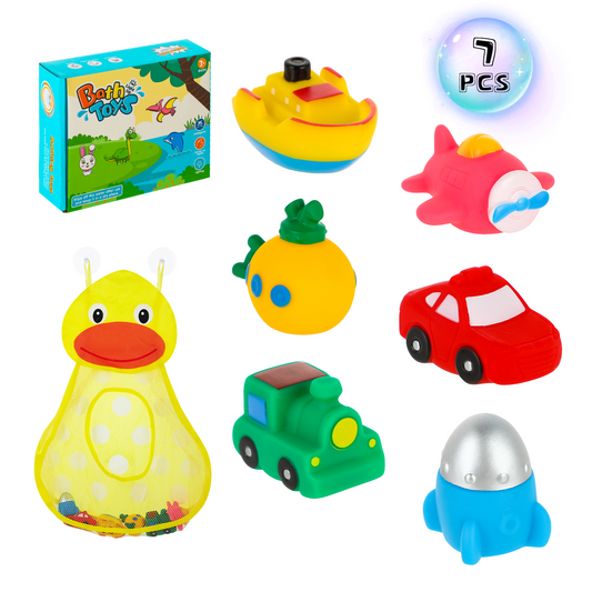 Light up Bath Toys for Toddlers 1-3, 6 PCS vehicle Floating Bath Toys with Organizer, Pool Bathtub Tub Toys for Boys 1 2 3 4