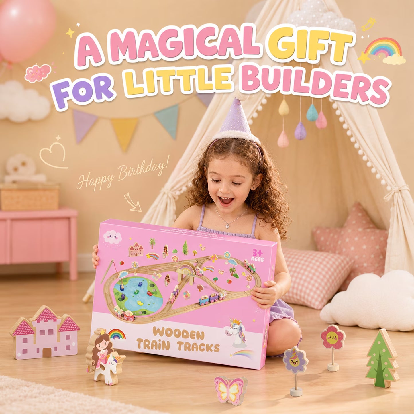 110PCS Wooden Train Set for Toddlers 2-4, Unicorn Train Toy for Girls with Fishing Puzzle, Wooden Train Track Toy Birthday Gift for Kids Girls Ages 3 4 5 6