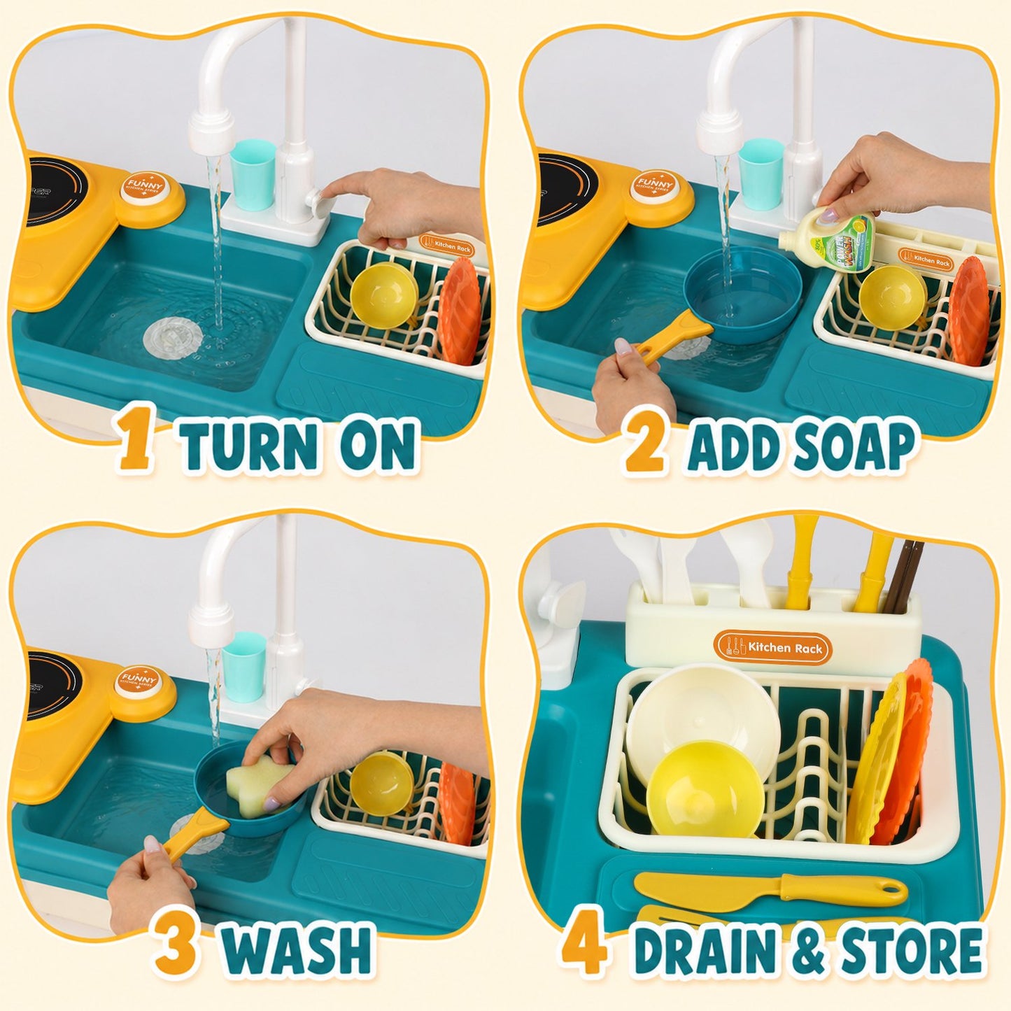 Play Sink with Running Water for Toddlers 3-5, Kitchen Play Sink & Stove Toy with Electric Faucet, Play Food & kitchen Accessories, Gift for Boys Girls Ages 3+