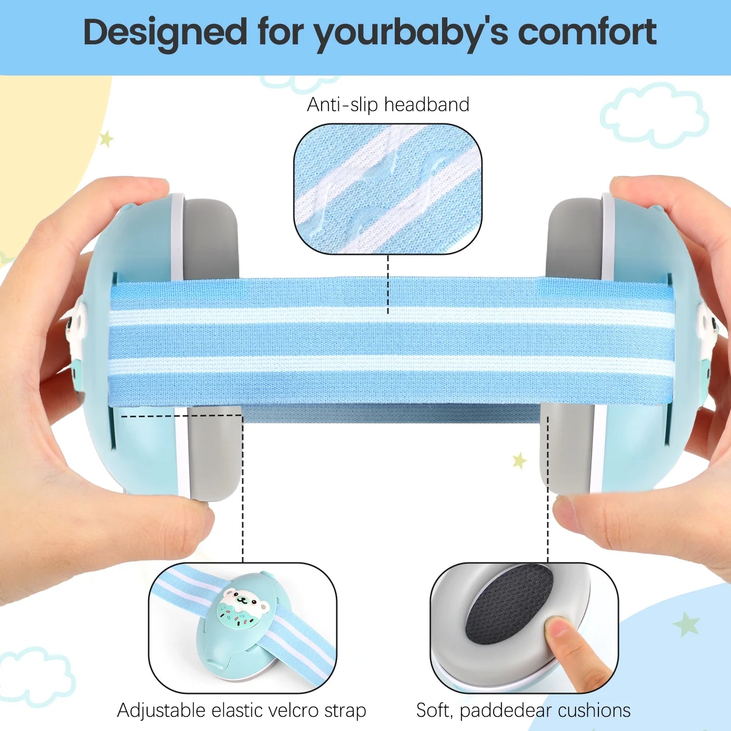 2-in-1 Baby Ear Muffs Noise Protection,Noise Canceling Headphones for Baby & Toddler 0-12-36 Months, Infant Ear Protection in Plane, Adjustable Headband,Improves Sleep - Blue