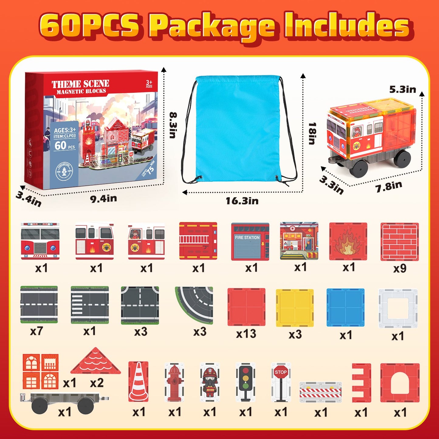 Magnetic Tiles for Kids Ages 4-8, 60Pcs Magnetic Building Blocks, Construction Firetruck Toys Magnetic Tiles Road Set, Educational STEM Toys Christmas Birthday Gifts for Boys Girls Toddlers 3-5