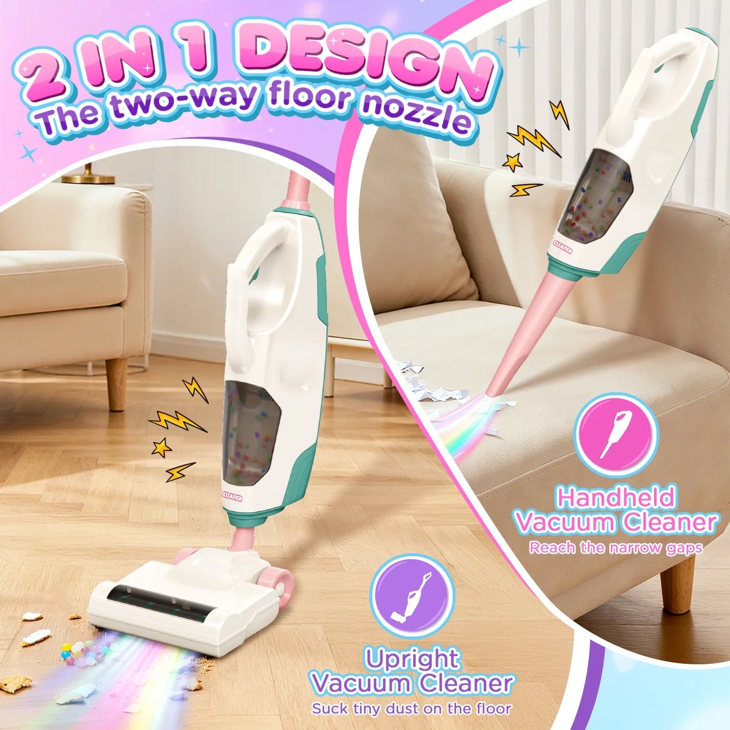 Kids Vacuum Really Works, 2 In 1 Toddler Toy Cleaning Set , Kids Vacuum Cleaner Toy with Real Suction,Sound,2 Nozzles, Pretend Play Cleaning Toy Vacuum for Toddlers 1-3, Gift for Girls Ages 3-6.