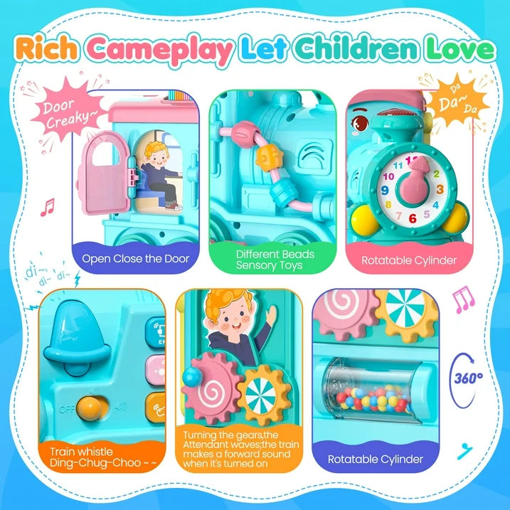 Toddler Toys Montessori Toys for 1 Year Old Girl Gifts, 24-in-1 Multi Musical Train with Talking Flash Cards, Blue