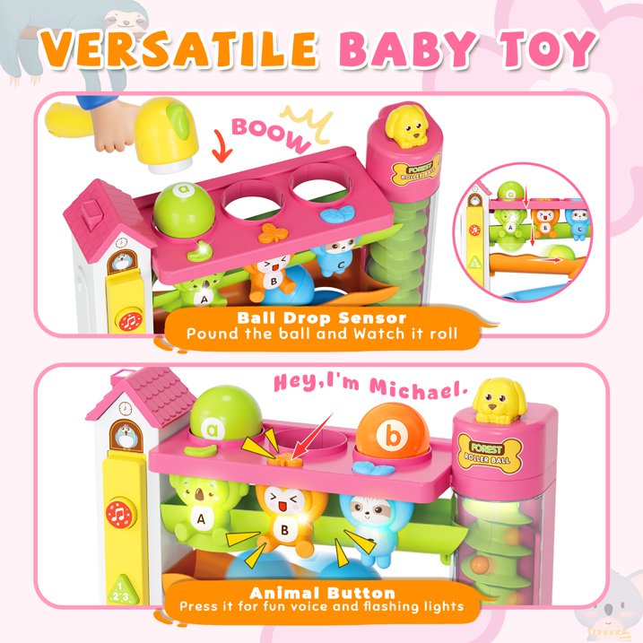 Ball Drop Toys for 1 Year Old, Hammer Ball Track Toy for Toddler 1 2 3, Drop Ball Baby Toy with Light Music, Montessori Learning Toys, Birthday Gifts for Girls Boys Age 6-12-18 Months Old