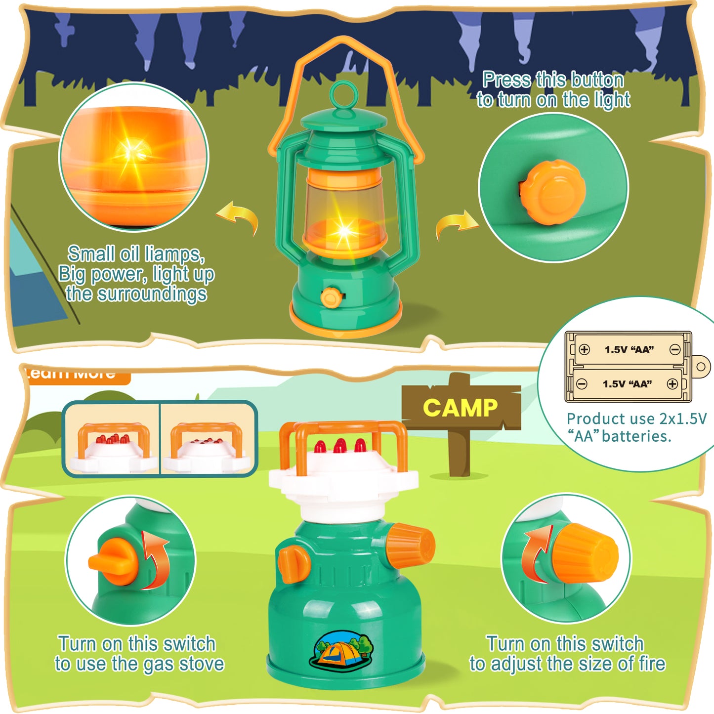 Kids Camping Set with Tent, 19 PCS Kids Camping Pretend Play Tent, Toy Binoculars, Oil Lantern, Indoor/Outdoor Camping Toy Set, Birthday Christmas Gift for Boys Girls 3 4 5 6 7