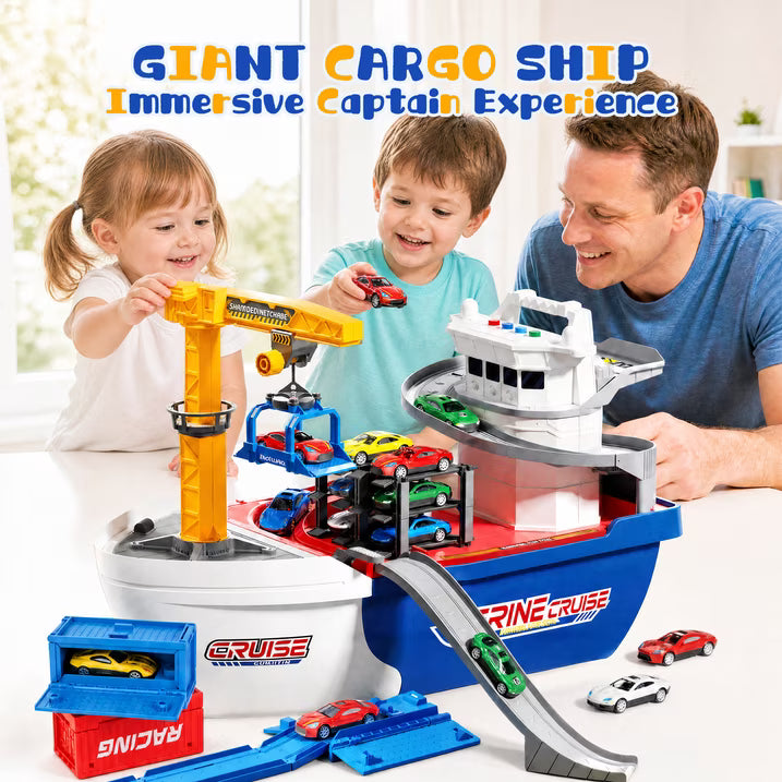 Cargo Ship Toy & Crane for kids, Toy Boat and Crane Playset, Race Track with 6 Cars, Transport Cruise Ship, Cargo Boat Toy Birthday Gift for 3 4 5 6 7 8 Years Old Boys Kids