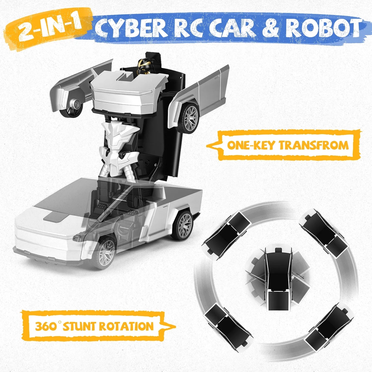 Transform Rc Cars for Boys 4-7, Cyber Truck Toy Car & Transforming Robot, 2.4Ghz 1:18 Scale Remote Control Car, One-Button Deformation 360°Rotation, Kids Car Toy Gifts for Boys 8-12