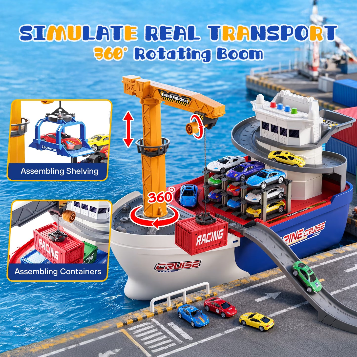 Cargo Ship Toy & Crane for kids, Toy Boat and Crane Playset, Race Track with 6 Cars, Transport Cruise Ship, Cargo Boat Toy Birthday Gift for 3 4 5 6 7 8 Years Old Boys Kids