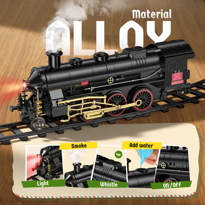 Electric Train Set Toy, Alloy Toddler Model Train Set with Smokes, Lights & Sound, Christmas Train Set with Steam Locomotive Engine, Educational Gift Toy Train for Boys Girls Age 2 3 4 5 6 Kids