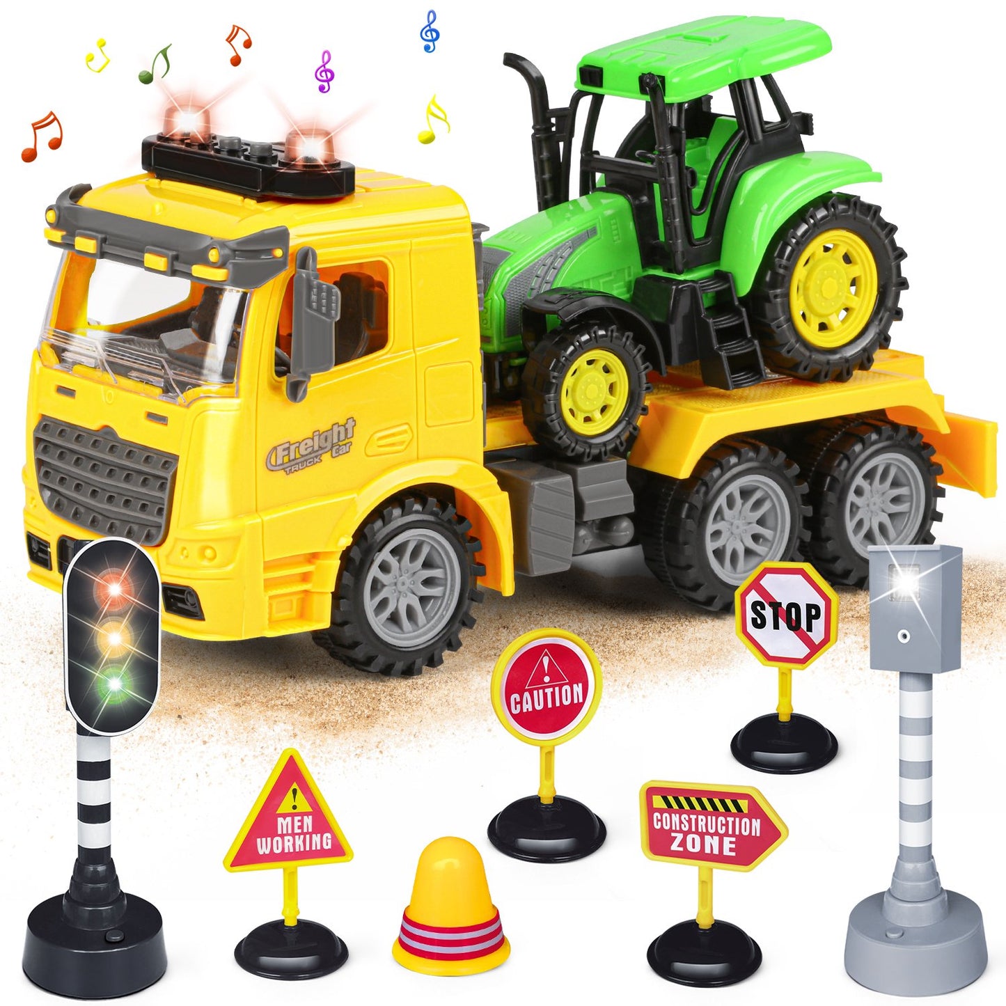 Construction Engineering Vehicle for kids/Toddler Ages 3-8,Inertia Truck and Tow Trailer Toys with Lights and Music, Birthday Gift for Boys 8 9 10 11 12 Years Old