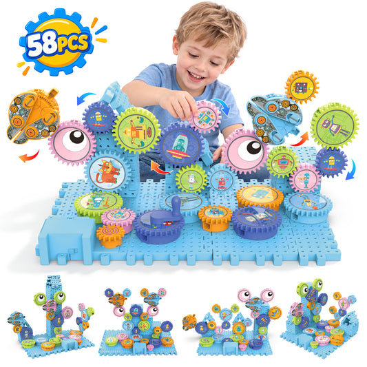 Gear Building Toys for Kids 4-8, 58PCS Motorized Spinning Gears with Interlocking Building Blocks, Electric & Manual STEM Construction Toy Set for Kids Ages 3+, Birthday Gifts for Boys Girls