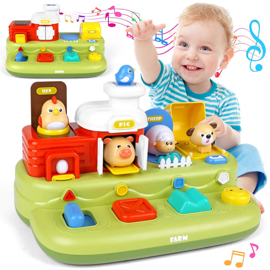 Pop-up Baby Toys, Montessori Toys for 1 Year Old Boys Girls, Farm Animal Early Learning Sorting Colors Baby Toys with Musical for 9-12-18 Months Birthday Gift.