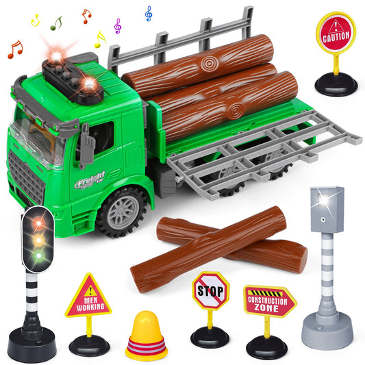 Logging Carrier Toys for Kids/Toddler Age 5 6 7 8, Inertia Truck with Lights and Music,Tiltable Fence, Birthday Gift for Boys 8-11 Years Old