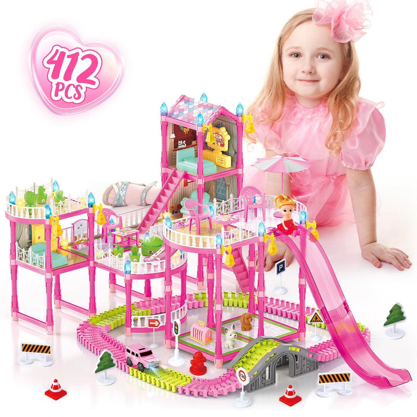 Dollhouse Kit for Girls Ages 3-6, 412PCS Pink Castle Toys With Slide, Track, Lights, DIY 3 Rooms and 6 Balconies Furniture, Birthday Pretend Play Toys Gift for 3 4 5 Years Old Girls/Kids.