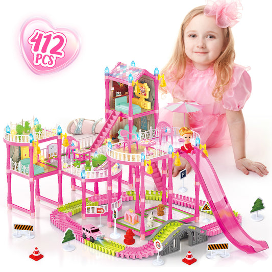 Dollhouse Kit for Girls Ages 3-6, 412PCS Pink Castle Toys With Slide, Track, Lights, DIY 3 Rooms and 6 Balconies Furniture, Birthday Pretend Play Toys Gift for 3 4 5 Years Old Girls/Kids.