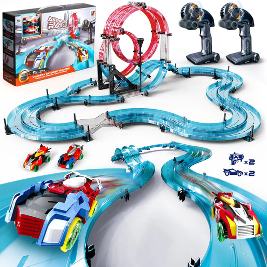 Race Track Set with 2 Slot Car, Boys Toys Ages 6-8-12, Remote Control Electric Racing Car for Kids, Circular Overpass Tracks Car Toy Birthday Christmas Gift for Girls Boys Age 8-12.