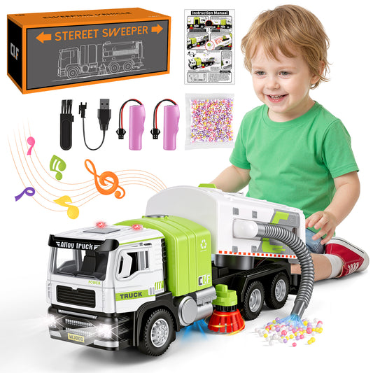 1:50 Electric Garbage Truck Toys, 2-in-1 Alloy Street Sweeper Toy with Light & Sound, Simulated Vacuum Trash Truck Toy for Kids, Cleaning Toys Birthday Gift for Boys Girls Toddlers 3-6