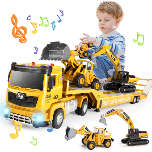 Construction Vehicles Boys Toy Playsets, Construction Truck with Excavator Toy & Bulldozer Toy, Sounds and Lights, Kids Birthday & Christmas Gifts for 3 4 5 6 Years Old Boys
