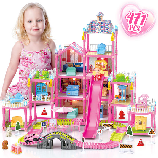 Dollhouse Kit for Girls Ages 3-6, 471PCS Pink Castle Toys With Slide, Track, Lights, DIY 11 Rooms and 4 Balconies Furniture, Birthday Pretend Play Toys Gift for 3 4 5 Years Old Girls/Kids.
