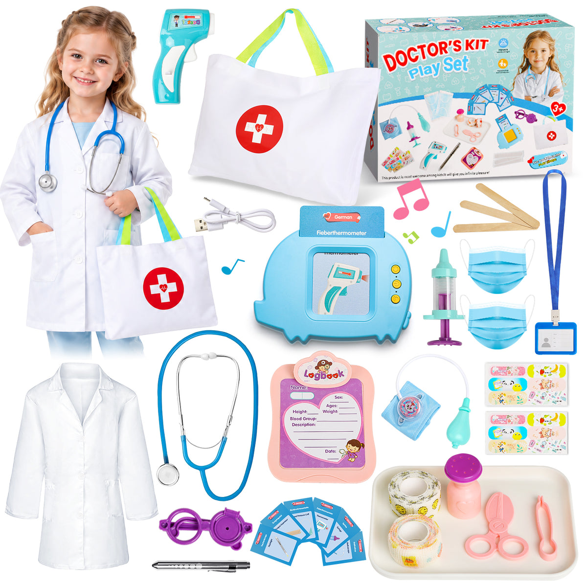 Doctor Kit for Kids Ages 3 4 5 6, 40Pcs Toddlers Pretend Play Doctor Set with Talking Flash Cards, Doctor Coat and Medical Storage Bag, Birthday Gift Toy for Kids Boys Girls