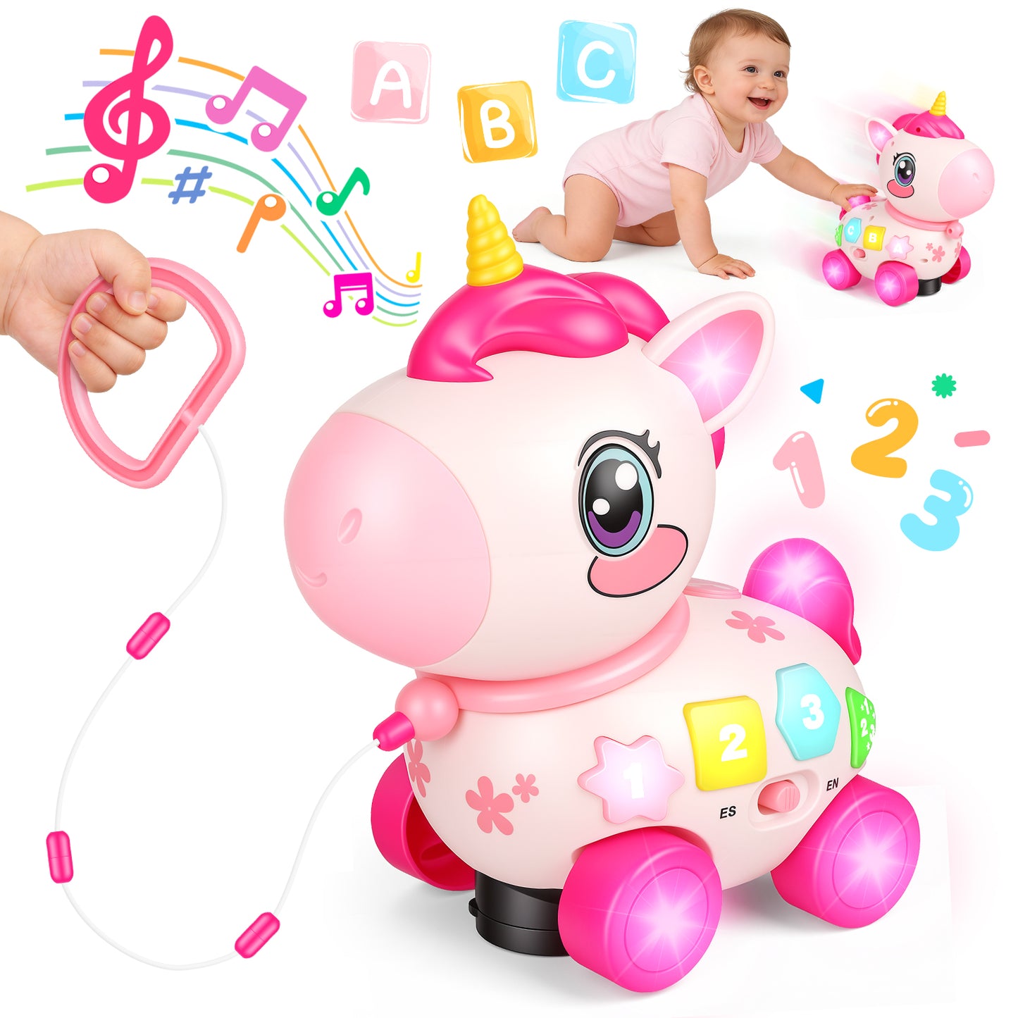 Unicorn Musical Toys for 1 Year Old Girl Gifts, Bilingual Baby Toys 6-12-18 Months, 1st Birthday Girl Gift, Crawl & Pull & Learning Educational Toddler Toy with Light and Music