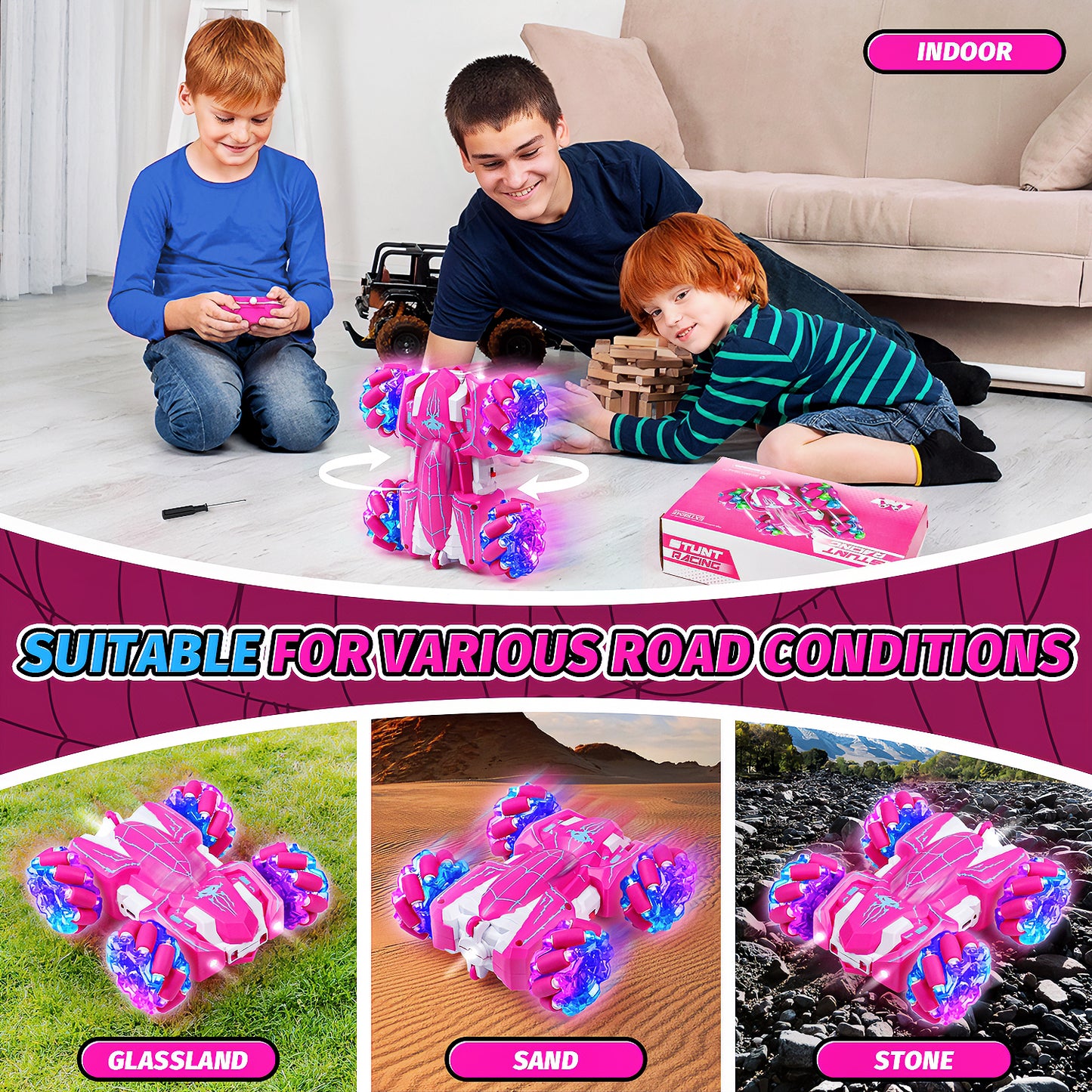 Spider RC Stunt Cars for Kids, Rechargeable 360° Flip Double-Sided Car w/ LED Lights, Remote Control Outdoor Toys for Kids, Birthday Christmas Gifts for Girls Boys Aged 6-12+