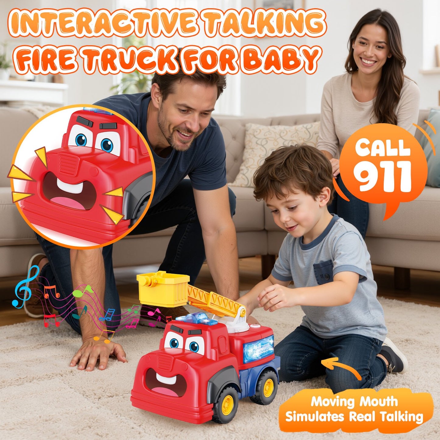 Fire Truck Toy for Toddlers 1-3, Interactive Talking Musical Car Toy, Recording Repeating Truck, Realistic Sirens & Sounds & Lights, Kids Fire Learning Toy for 2 Year Boy Girl Birthday Gifts