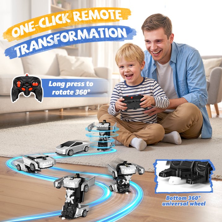 Transform Rc Cars for Boys 4-7, Cyber Truck Toy Car & Transforming Robot, 2.4Ghz 1:18 Scale Remote Control Car, One-Button Deformation 360°Rotation, Kids Car Toy Gifts for Boys 8-12
