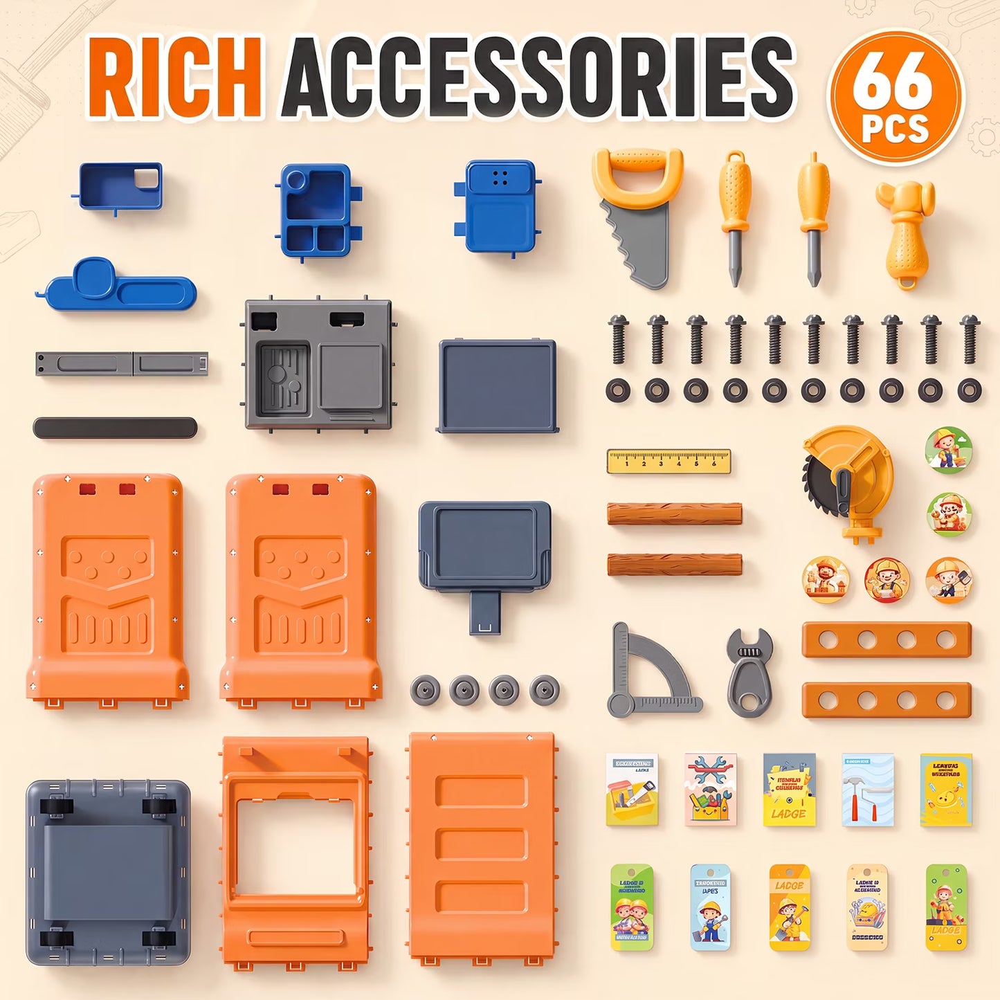 66Pcs Kids Tool Bench Toy, Rolling Tool Cart, Pretend Play Toddler Workbench with Realistic Tool,Large Storage, Construction Playset Toys for Boys and Girls Ages 3 4 5 6 Birthday Gifts