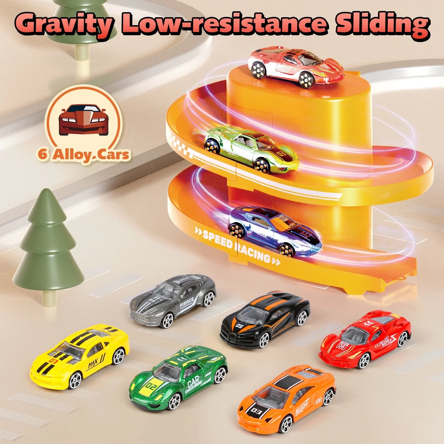 Puzzle Track Car Play Set, Parking Lot Toddler Race Car Track Toy Set for Kids with 6 Alloy Cars , Racing Toys for 3-8 Years Old Boys Kids Toddler Car Games Christmas Birthday Gifts