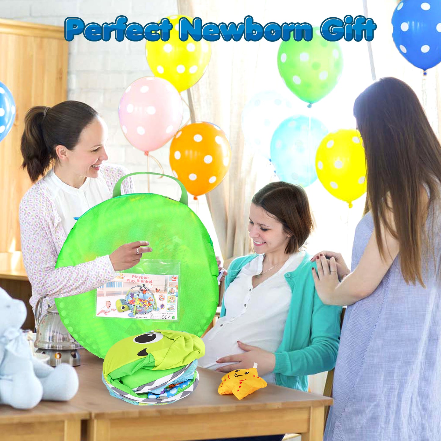 Baby Play Gym, 3 in 1 Baby Play Gym Activity Mat, with Hanging Toys and Ocean Balls, Gifts for Newborn Baby 0 to 3 6 9 12 Months, Green Turtle