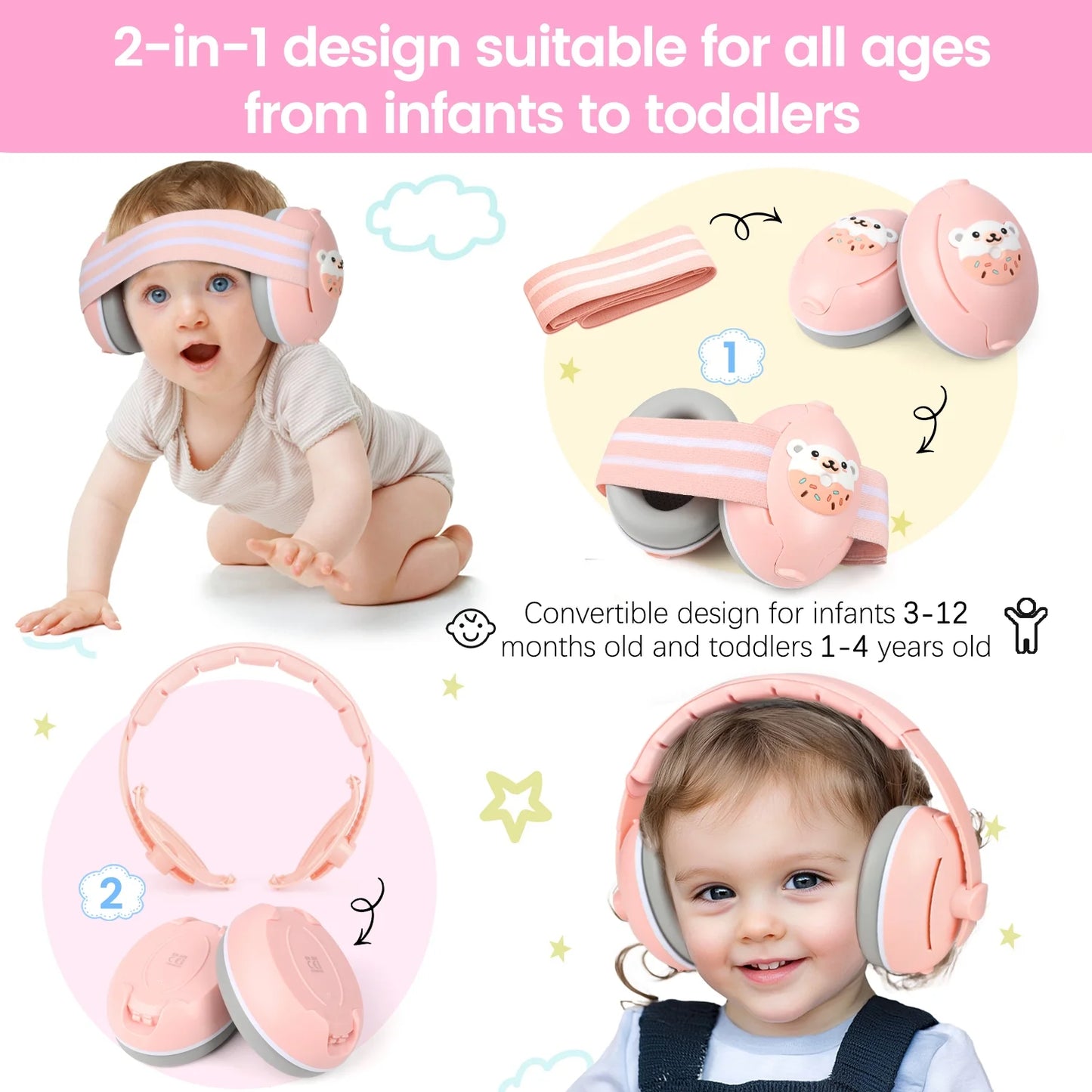 2-in-1 Baby Ear Muffs Noise Protection,Noise Canceling Headphones for kids 0-36 Months, Infant Ear Protection for Plane & Sleep, Adjustable Headband - Pink