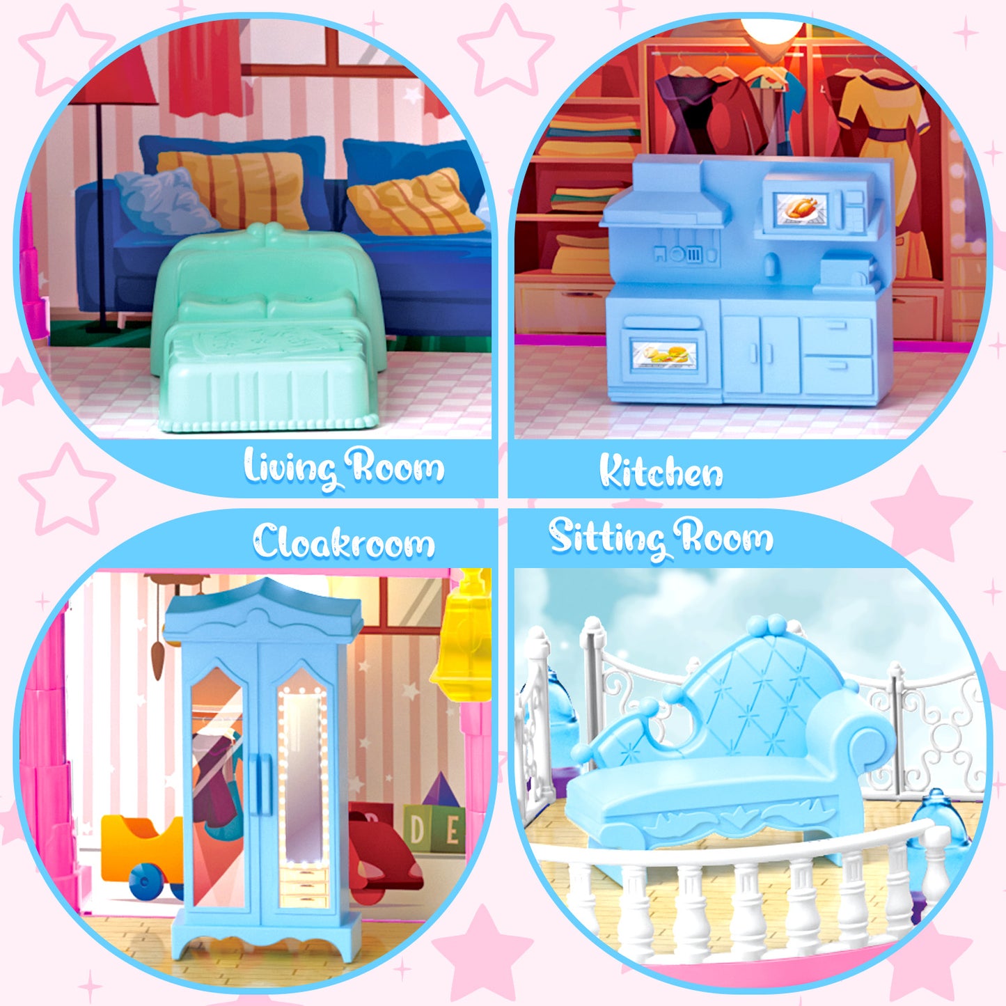 Dollhouse Kit for Girls Ages 3-6, 471PCS Pink Castle Toys With Slide, Track, Lights, DIY 11 Rooms and 4 Balconies Furniture, Birthday Pretend Play Toys Gift for 3 4 5 Years Old Girls/Kids.