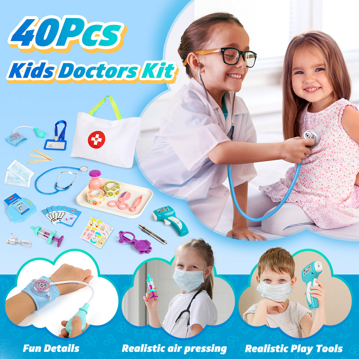 Doctor Kit for Kids Ages 3 4 5 6, 40Pcs Toddlers Pretend Play Doctor Set with Talking Flash Cards, Doctor Coat and Medical Storage Bag, Birthday Gift Toy for Kids Boys Girls