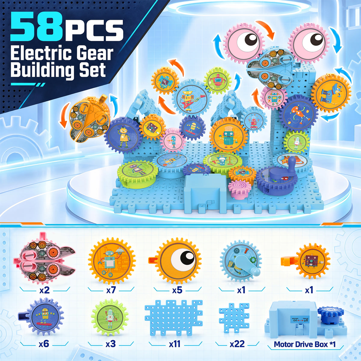 Gear Building Toys for Kids 4-8, 58PCS Motorized Spinning Gears with Interlocking Building Blocks, Electric & Manual STEM Construction Toy Set for Kids Ages 3+, Birthday Gifts for Boys Girls
