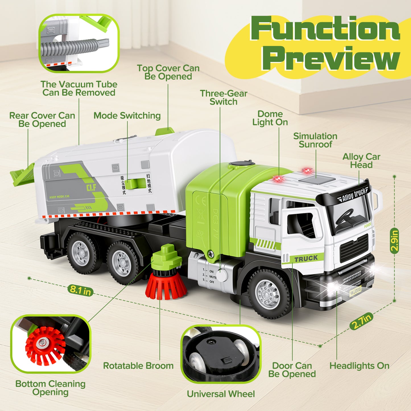 1:50 Electric Garbage Truck Toys, 2-in-1 Alloy Street Sweeper Toy with Light & Sound, Simulated Vacuum Trash Truck Toy for Kids, Cleaning Toys Birthday Gift for Boys Girls Toddlers 3-6